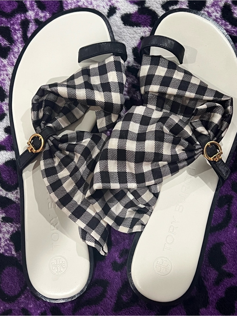 Tory Burch Black & White Gingham Bow Slide Sandals with Gold Accent